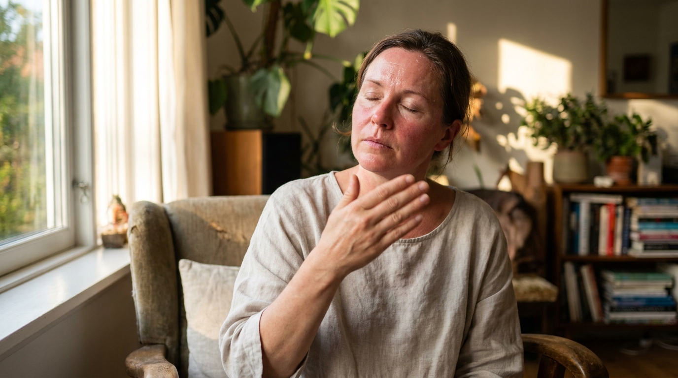 Woman experiencing a hot flash at home