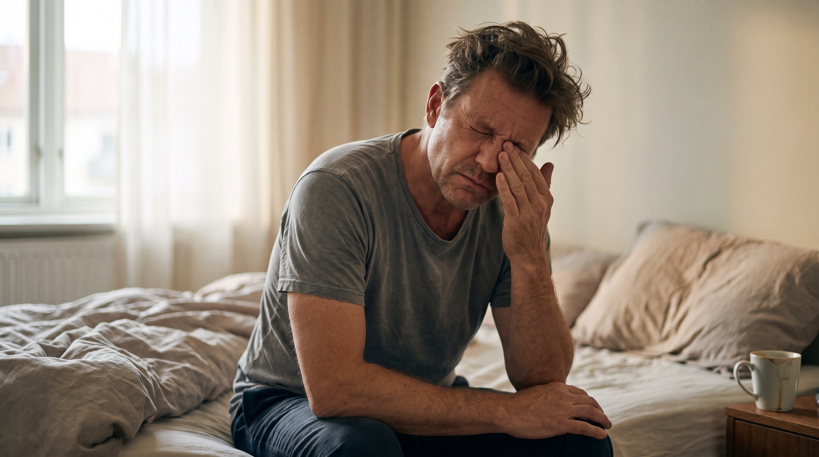 Man experiencing low energy and fatigue at home